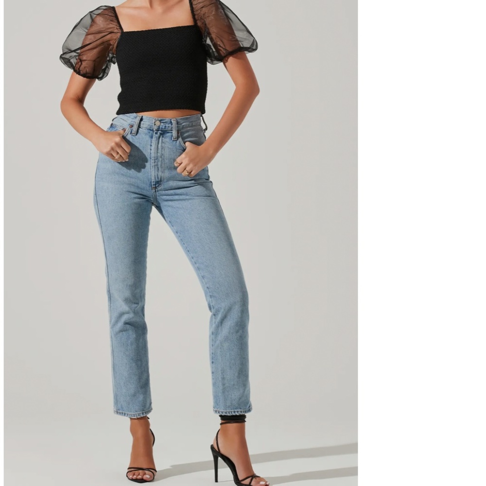 ASTR The Label Organza Puff Sleeve Crop Black Blouse NORDSTROM Women Size XL